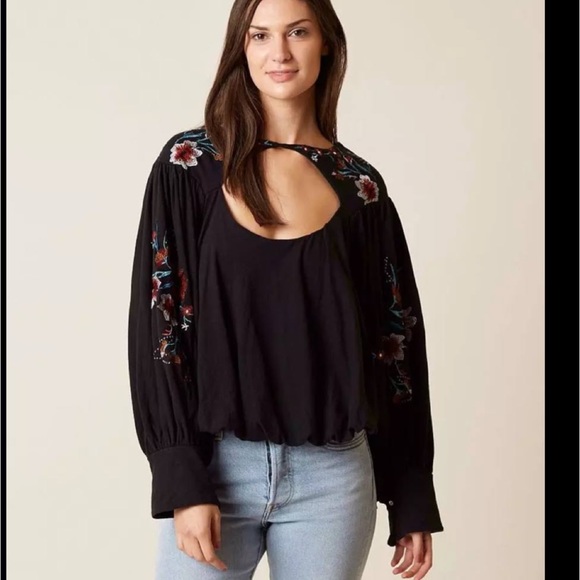 Free People Lita cut out blouse long sleeve floral embroidered cropped - Picture 8 of 9
